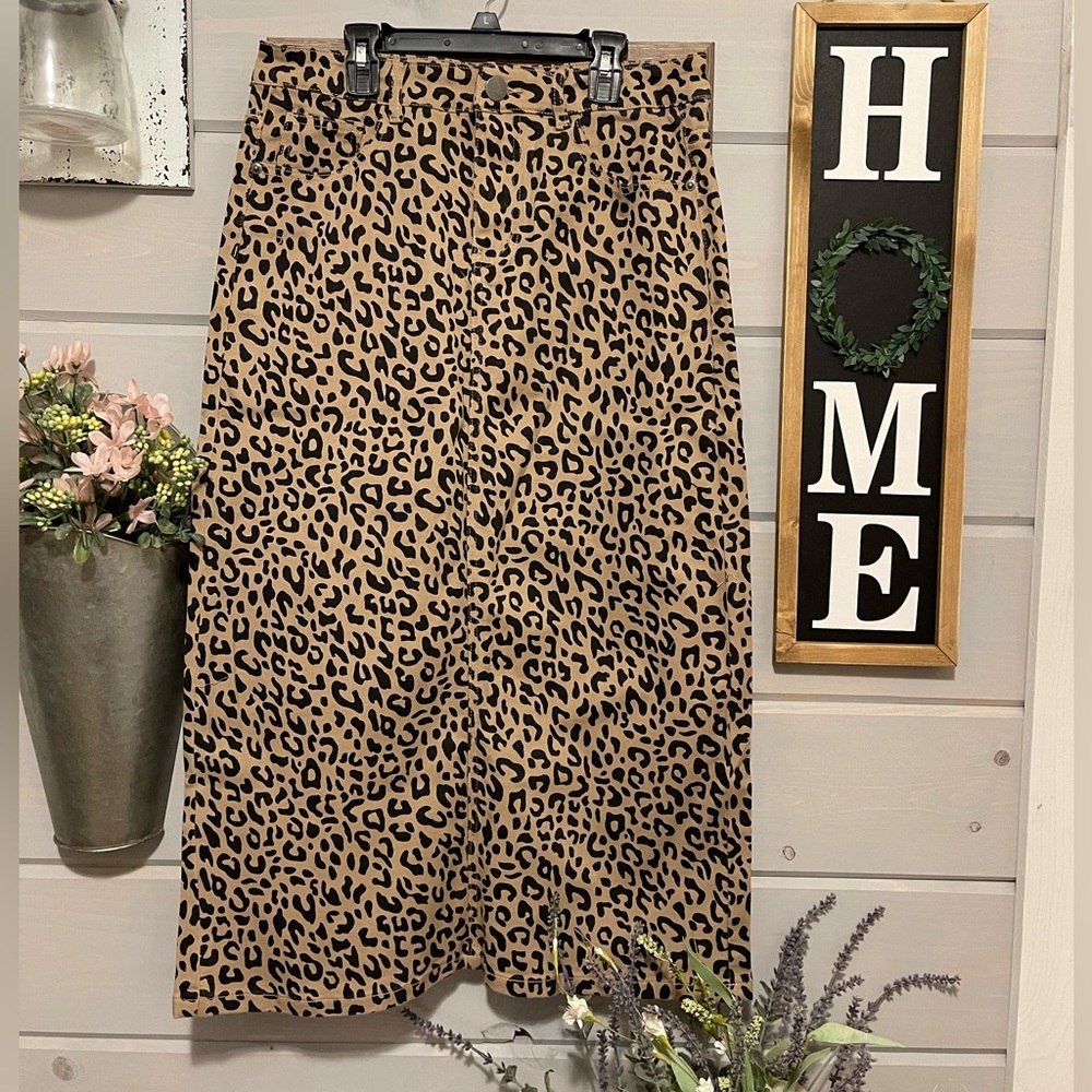 Long cheetah stretch denim skirt
